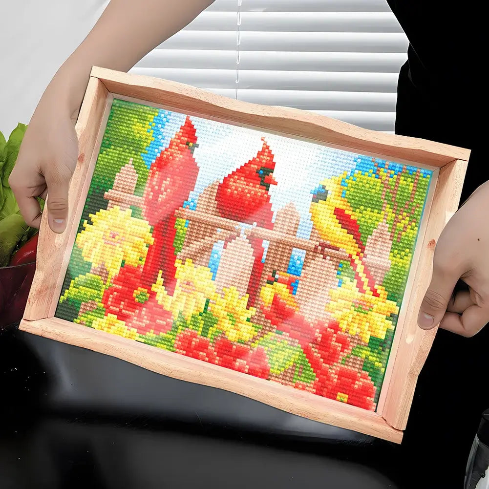 birds diamond painting decor wooden food tray