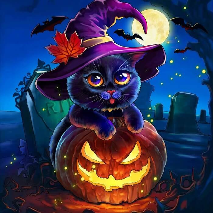 5D Halloween Diamond Painting Kit - Full Round / Square - Black Cat & Pumpkin