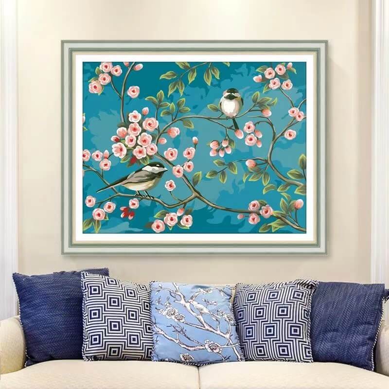 5d diamond painting birds on branch Srping blossom