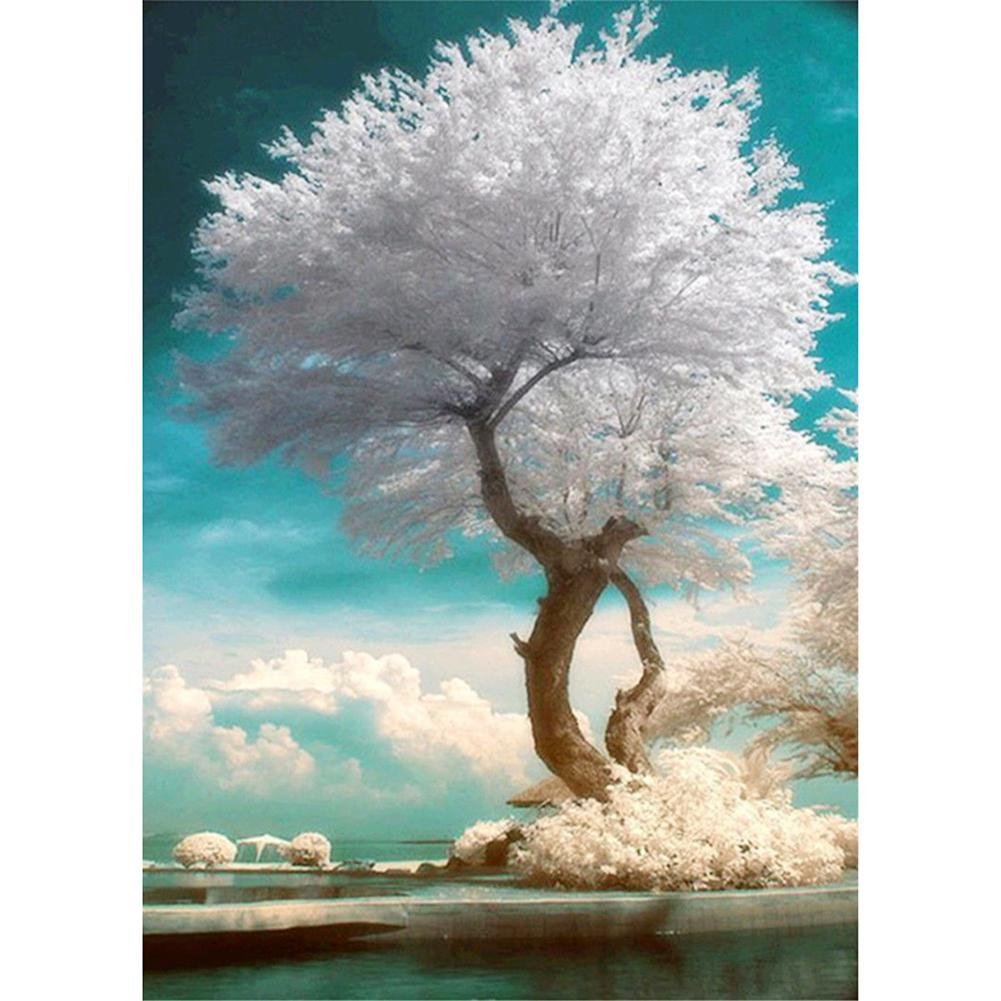 5D Diy Diamond Painting Kit Full Round Beads White Tree
