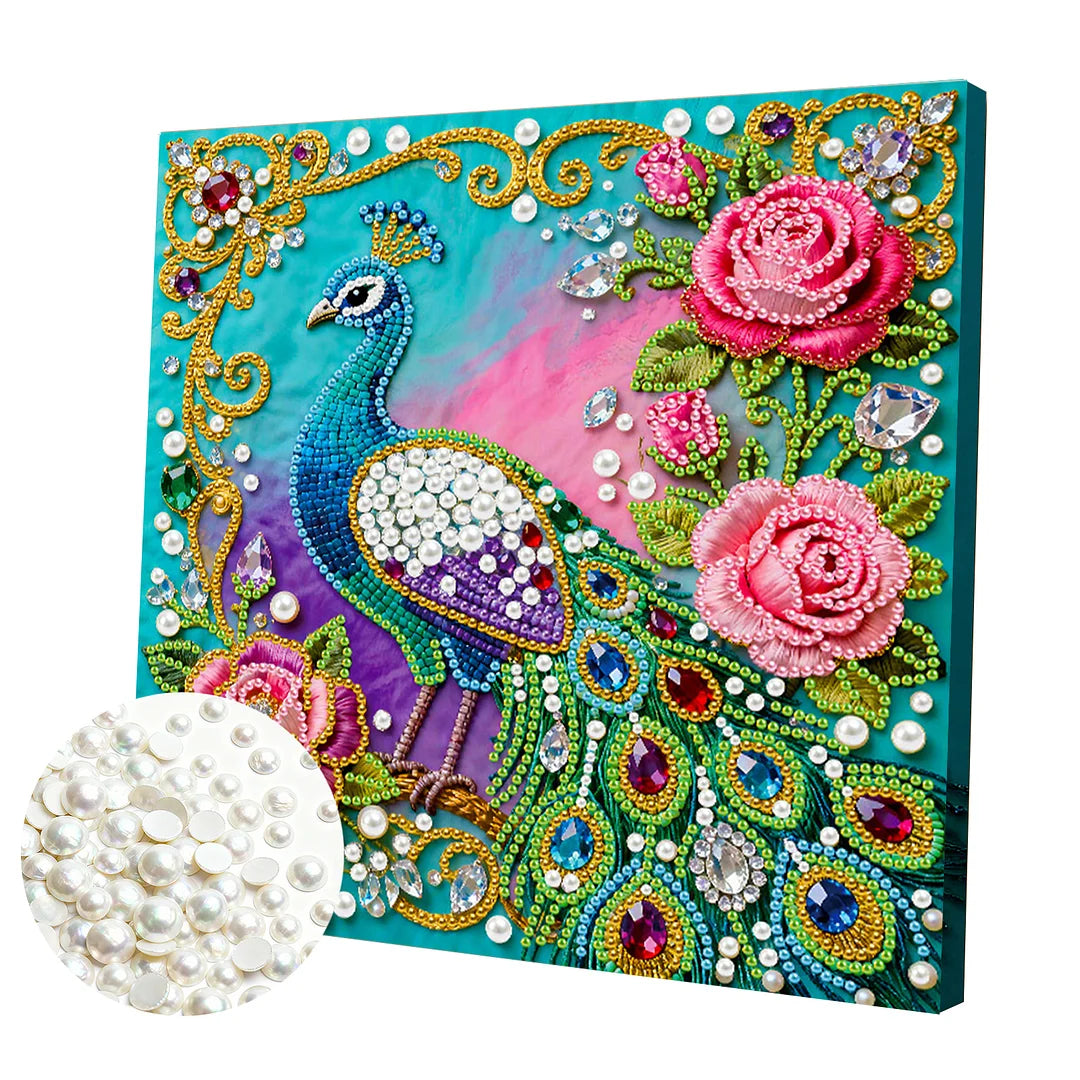 DIY Pearl Painting With Frame - Handmade Self-Adhesive Pearls - Peacock (25*25cm) C