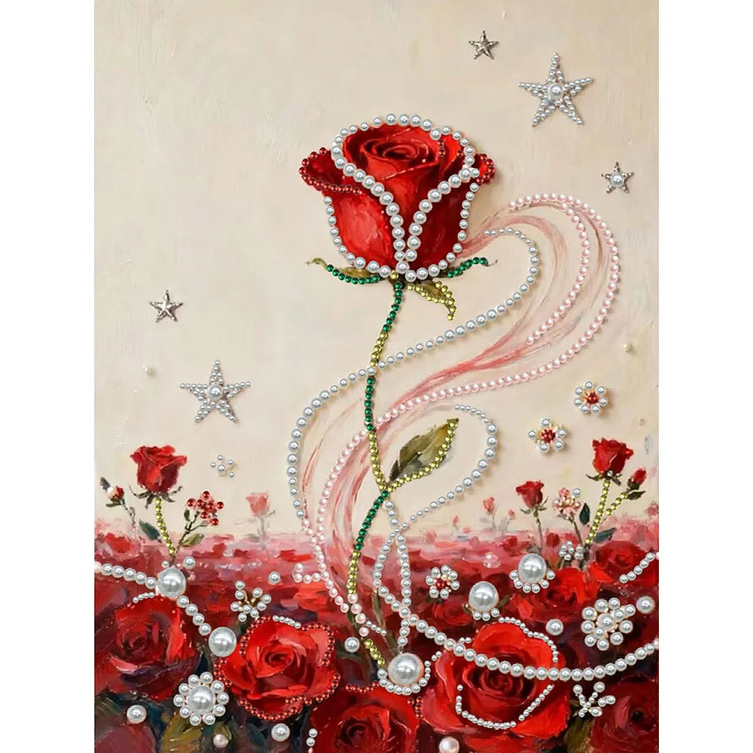 DIY Pearl Painting With Frame - Handmade Self-Adhesive Pearls - Red Rose (30*40cm) B
