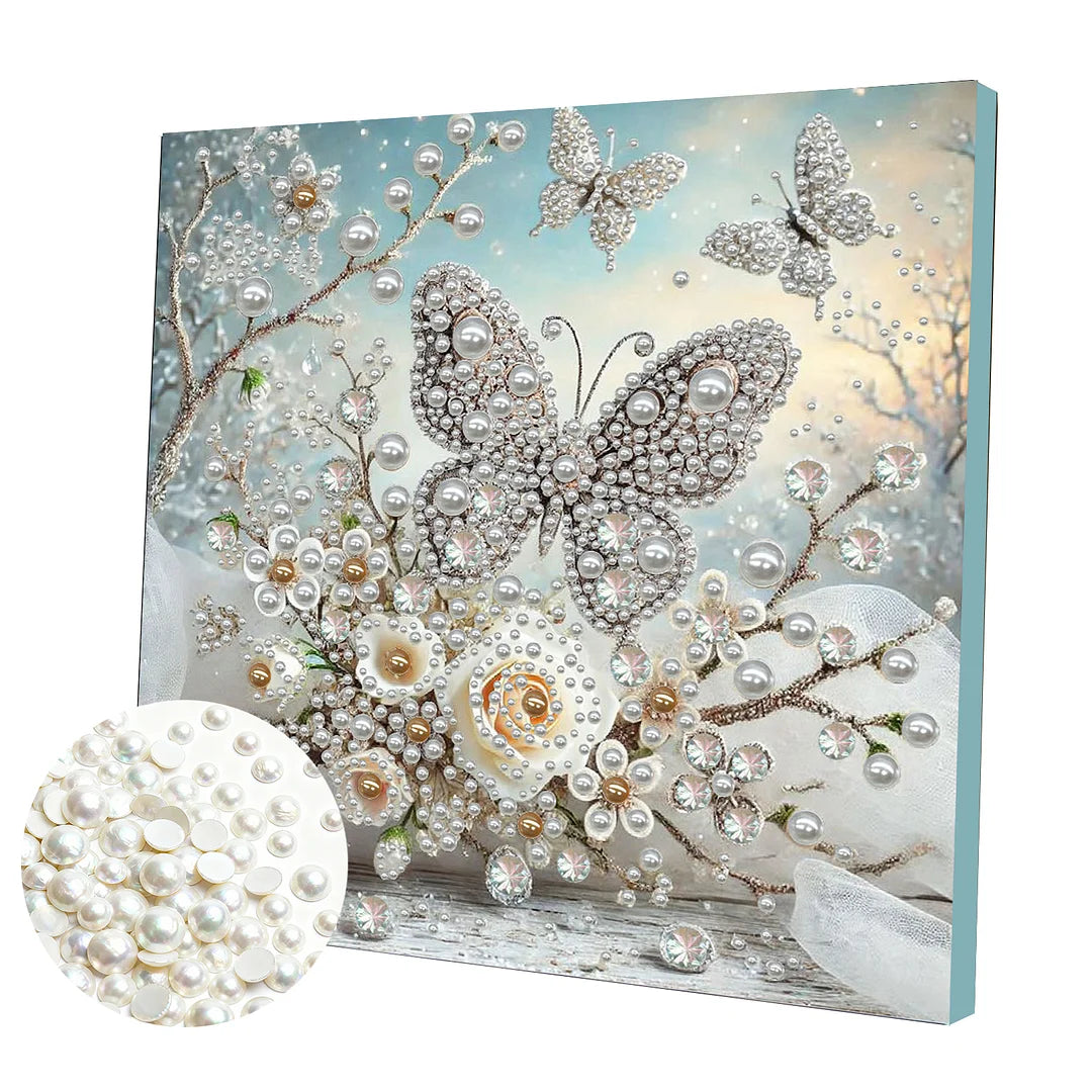 DIY Pearl Painting With Frame - Handmade Self-Adhesive Pearls - Butterfly Garden (30*30cm)