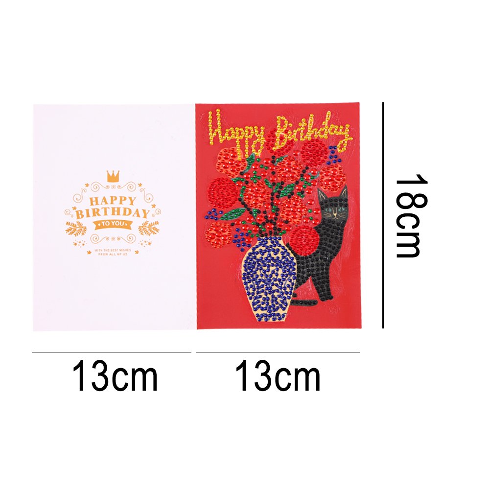 DIY 5D Diamond Painting Happy Birthday Postcard-Flower Cat