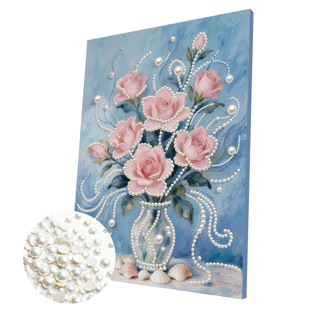 DIY Pearl Painting With Frame - Handmade Self-Adhesive Pearls - Pink flowers (30*40cm) A