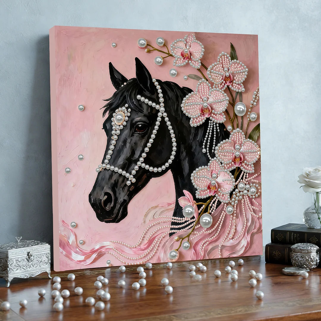 DIY Pearl Painting With Frame - Handmade Self-Adhesive Pearls - Horse (30*30cm) F