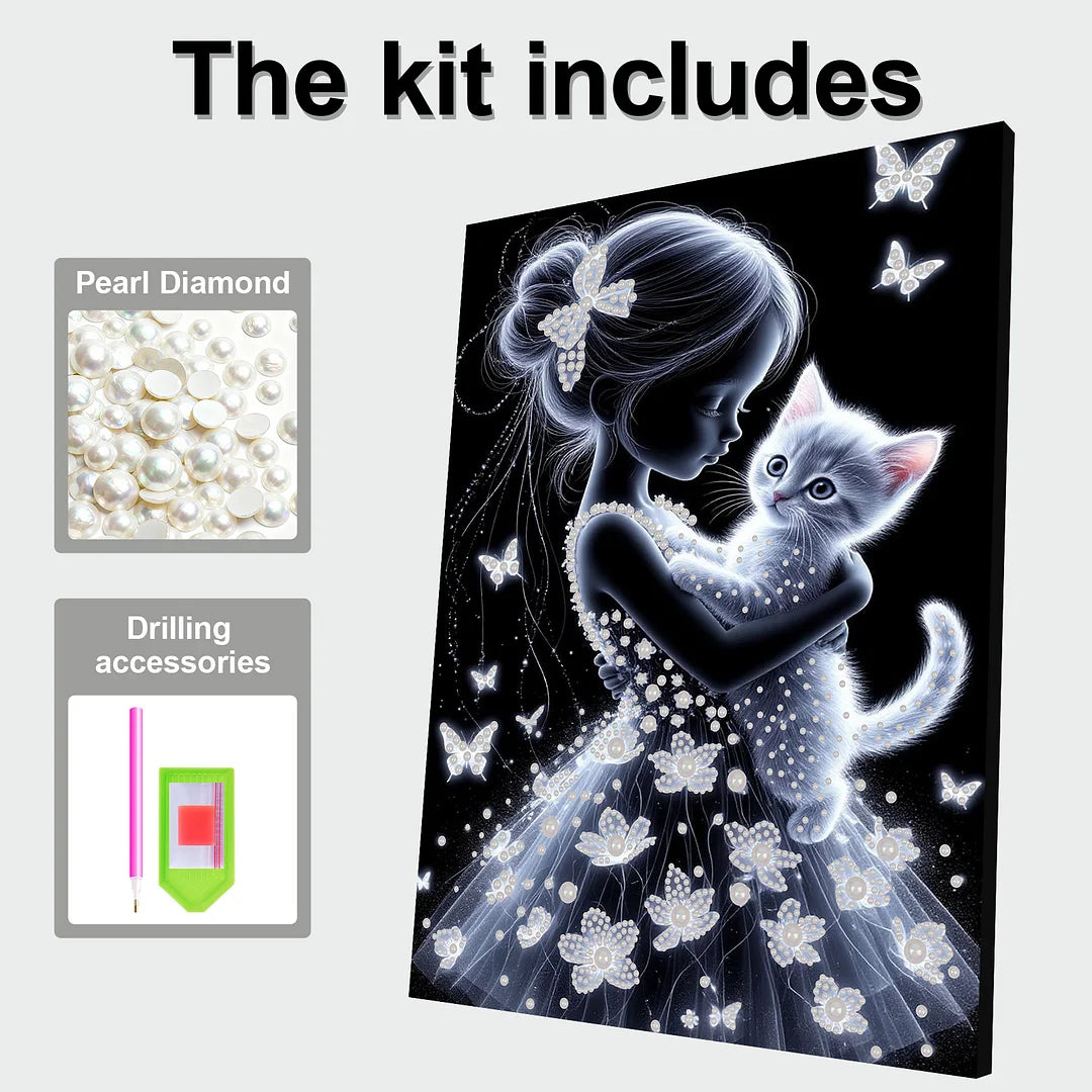 DIY Pearl Painting With Frame - Handmade Self-Adhesive Pearls - Girl and Cat (30*40cm)