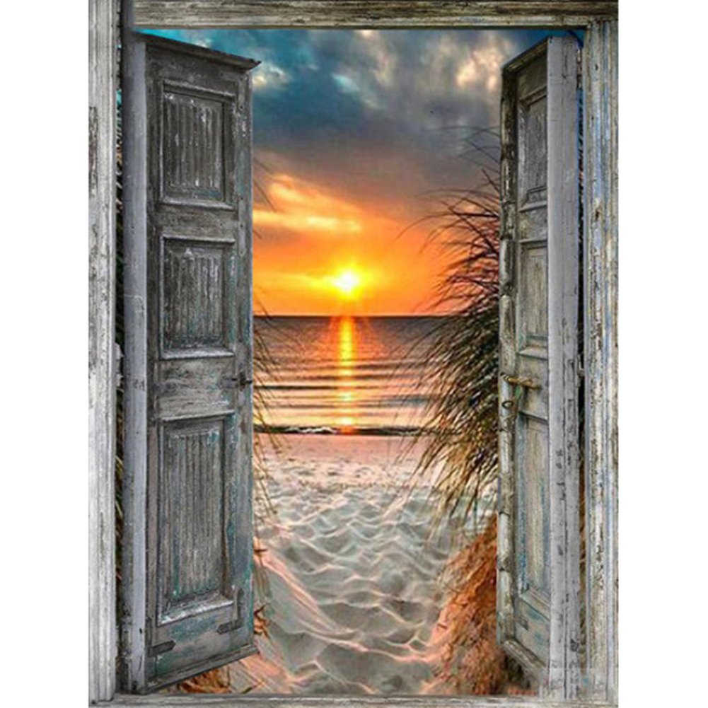 5D Diy Diamond Painting Kit Full Round Beads Window Sunset