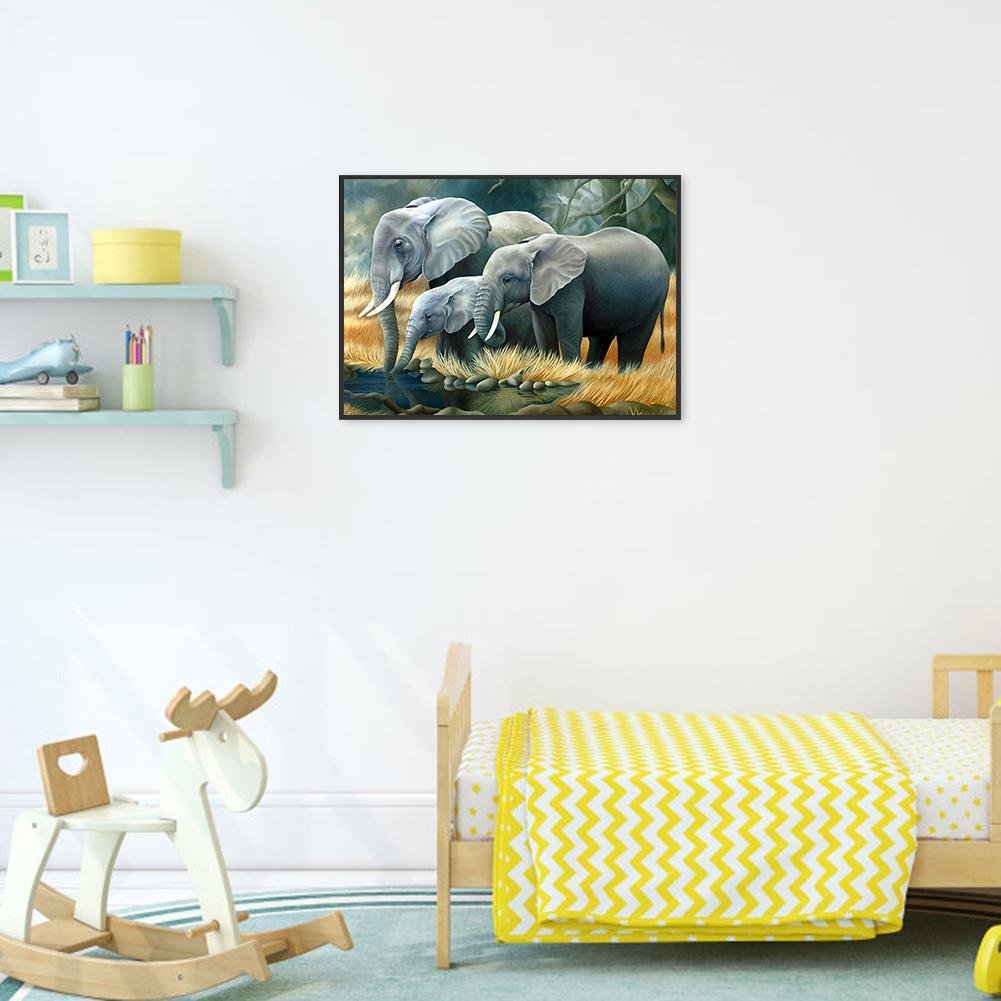 Diamond Painting - Full Round - Drinking Elephant Family