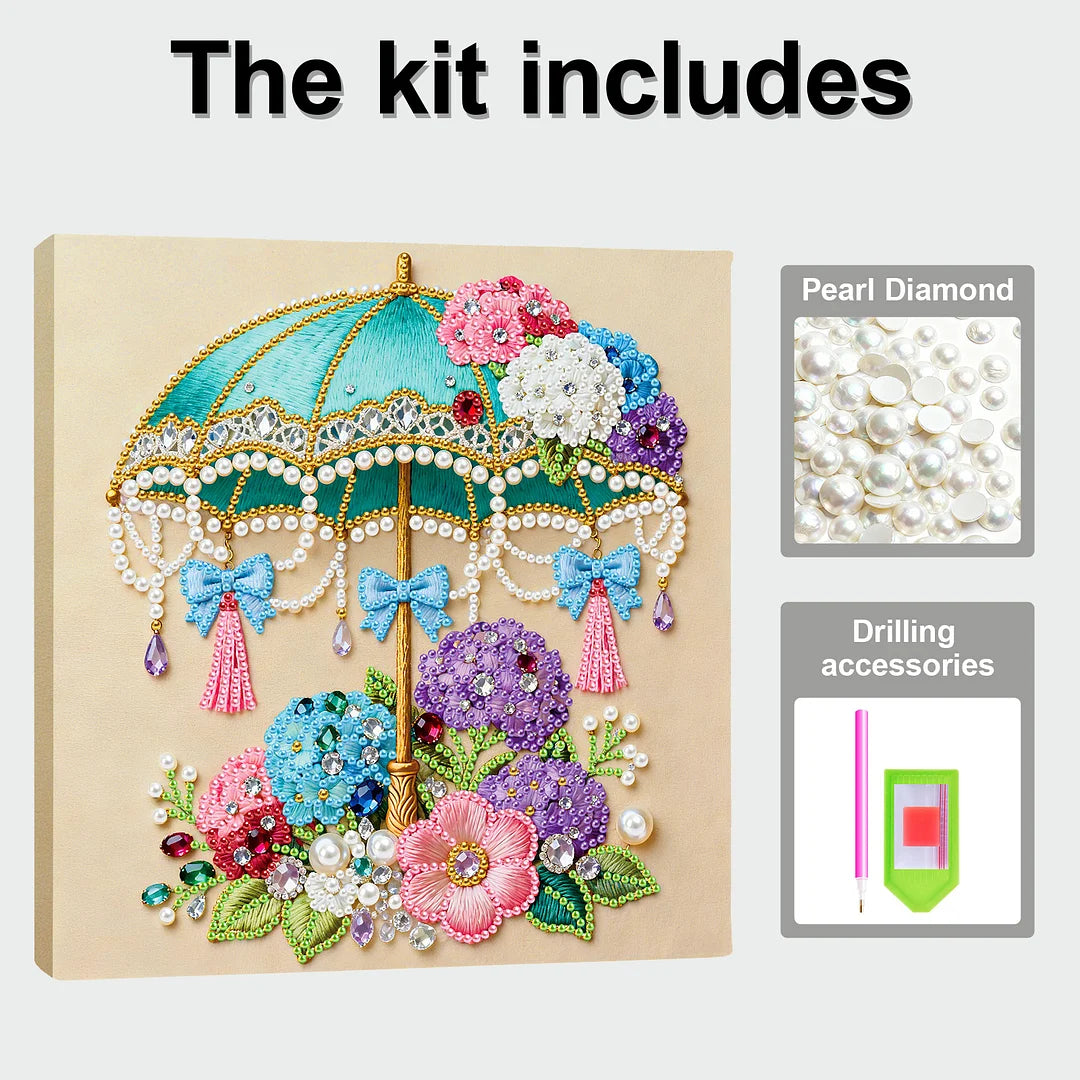 DIY Pearl Painting With Frame - Handmade Self-Adhesive Pearls - Flower Umbrella (25*25cm)