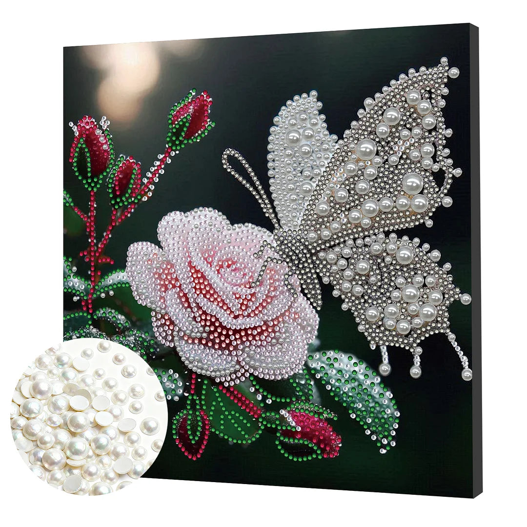 DIY Pearl Painting With Frame - Handmade Self-Adhesive Pearls - Butterfly Flower (25*25cm)