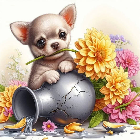 Diamond Painting - Full Round / Square - Dog With Flower Vase