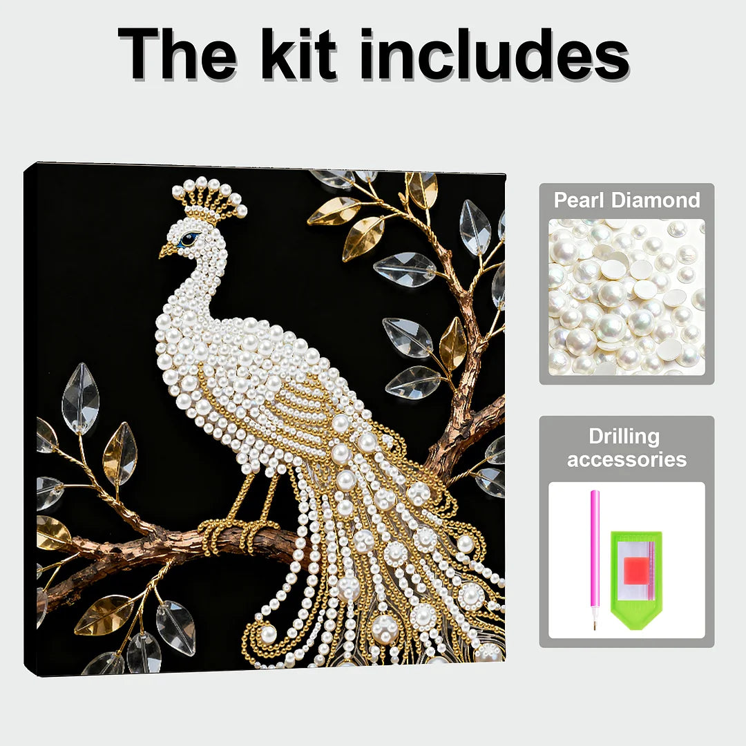 DIY Pearl Painting With Frame - Handmade Self-Adhesive Pearls - Peacock (25*25cm) A