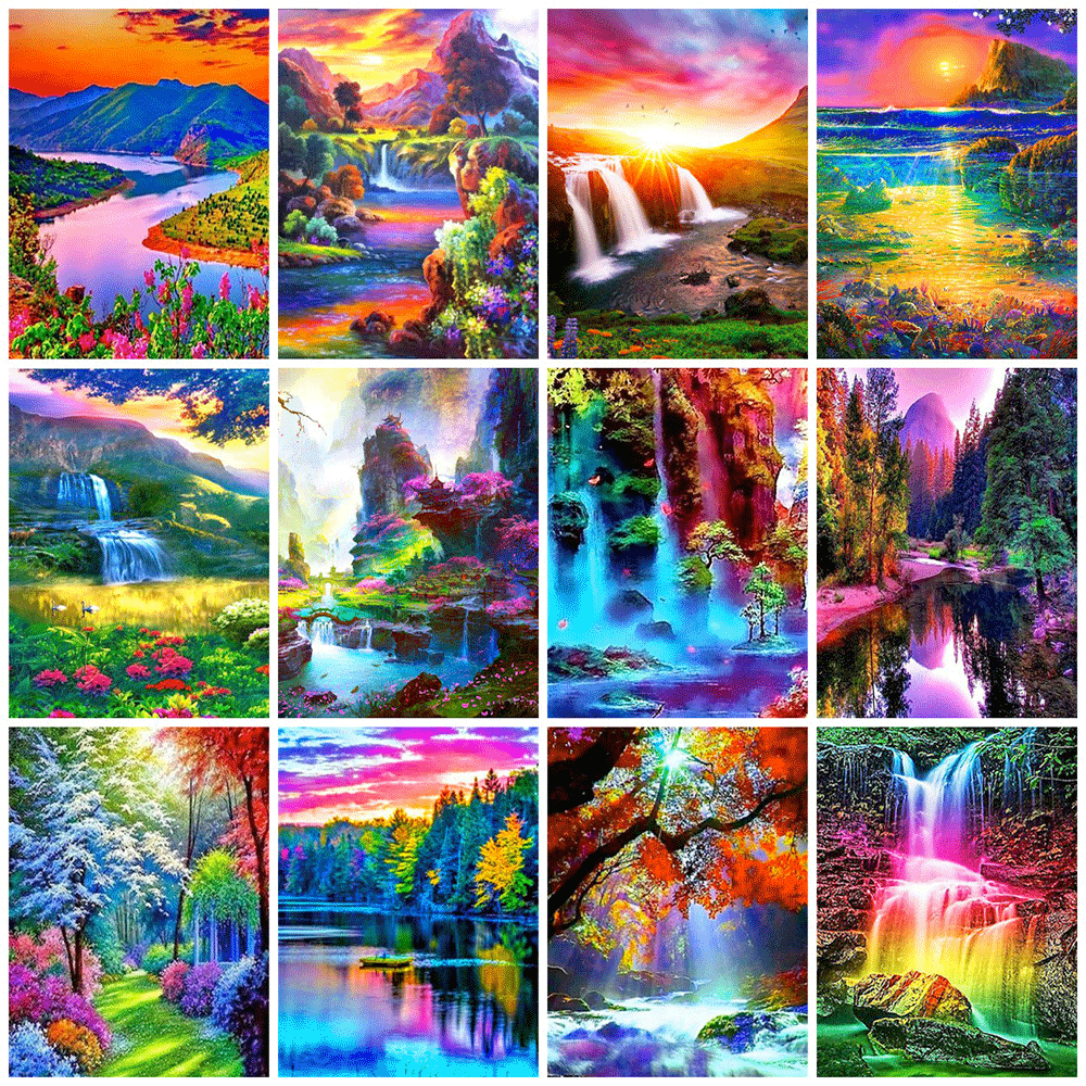 Diamond Mosaic Embroidery Kit Colorful Mountain Waterfall