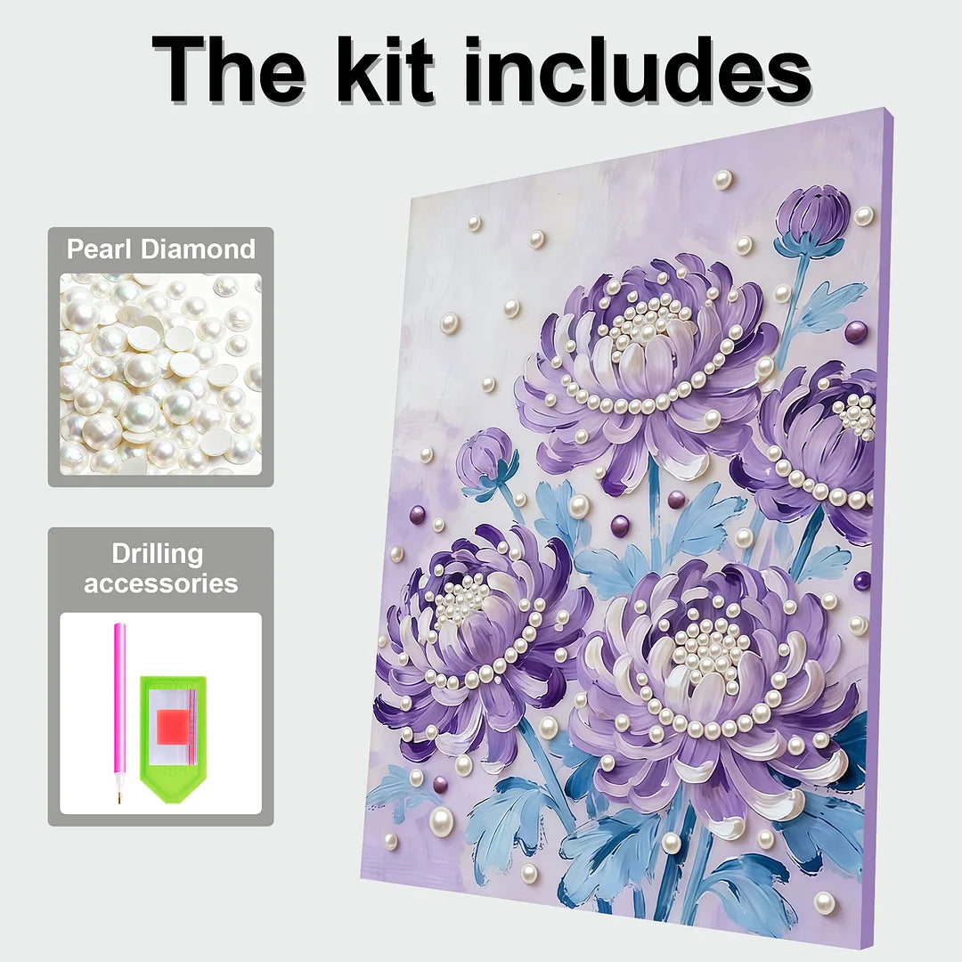 DIY Pearl Painting With Frame - Handmade Self-Adhesive Pearls - Purple flowers (30*40cm)