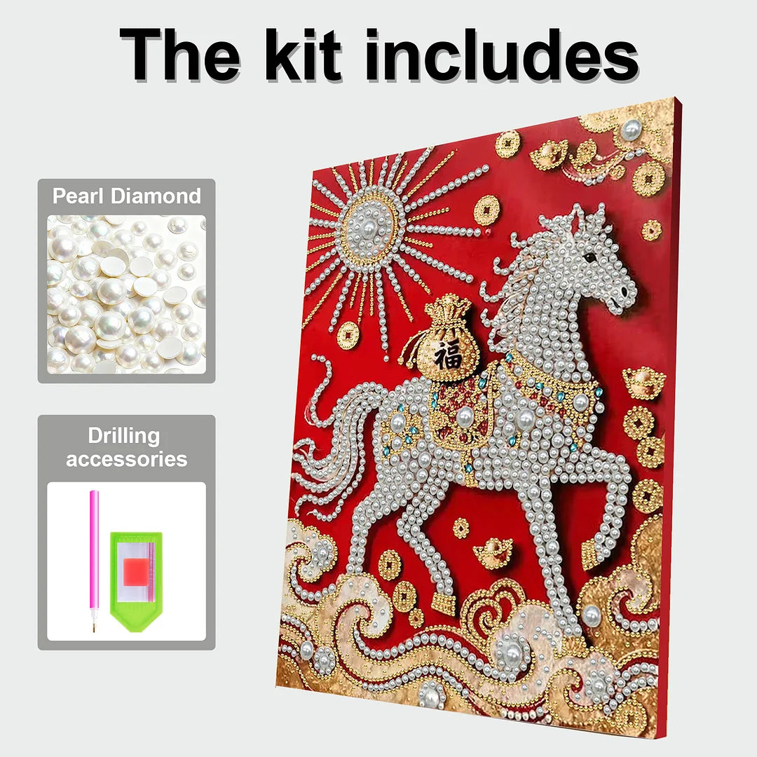 DIY Pearl Painting With Frame - Handmade Self-Adhesive Pearls - Horse (30*40cm) C