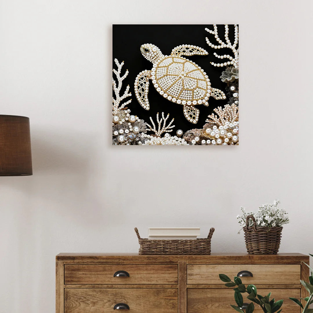 DIY Pearl Painting With Frame - Handmade Self-Adhesive Pearls - Turtle (25*25cm)