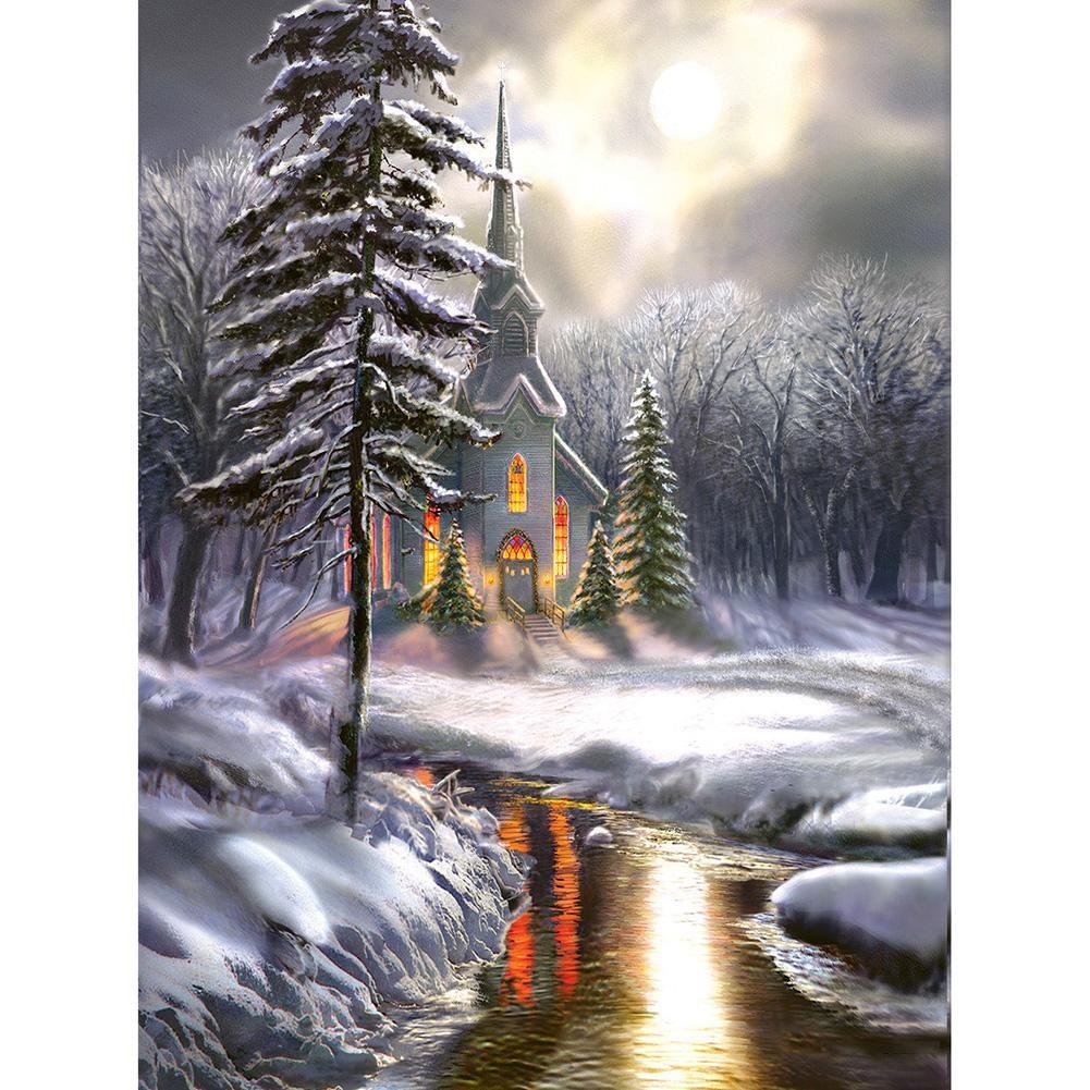 5D Diamond Painting Kit Full Round Beads Art Snow House Tree