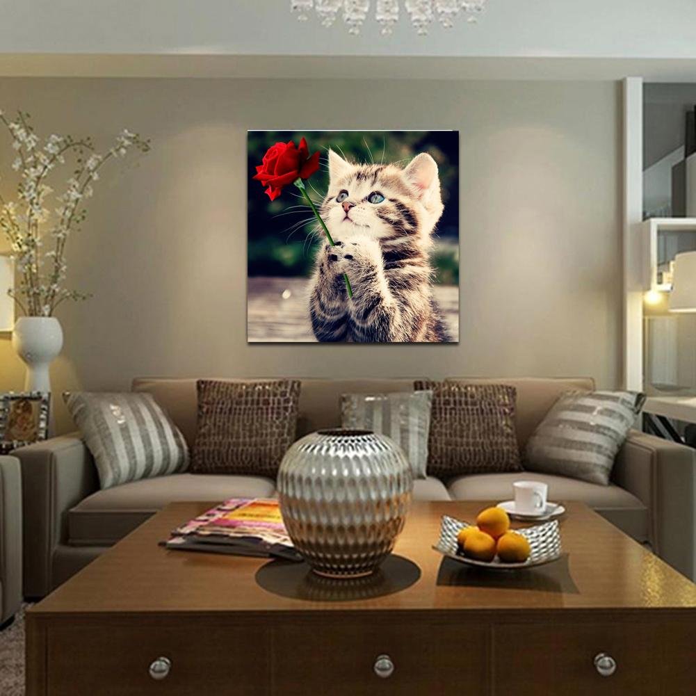 5D DIY Diamond Painting Kit - Partial Round - Cat & Rose