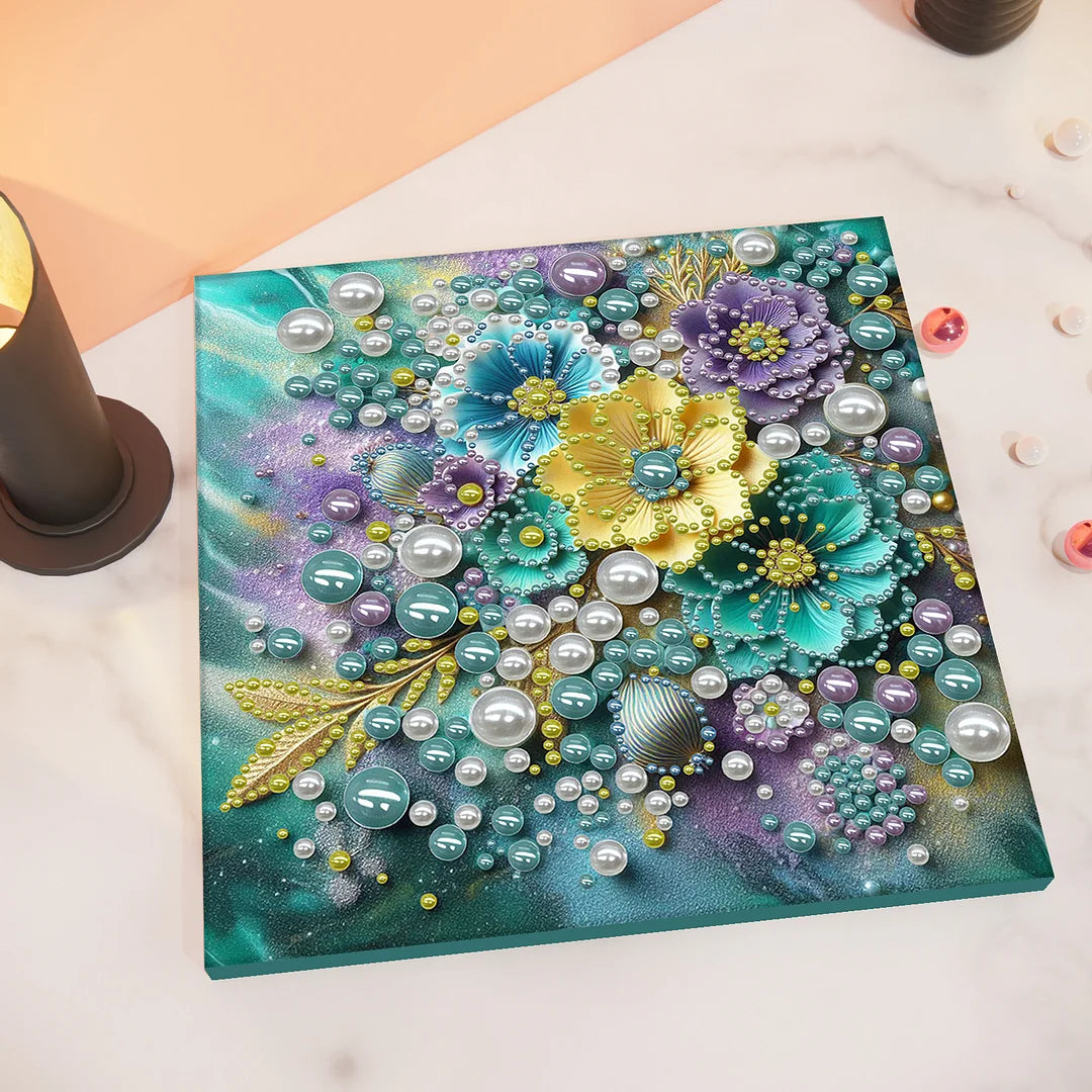 DIY Pearl Painting With Frame - Handmade Self-Adhesive Pearls - Blue Flowers (30*30cm)