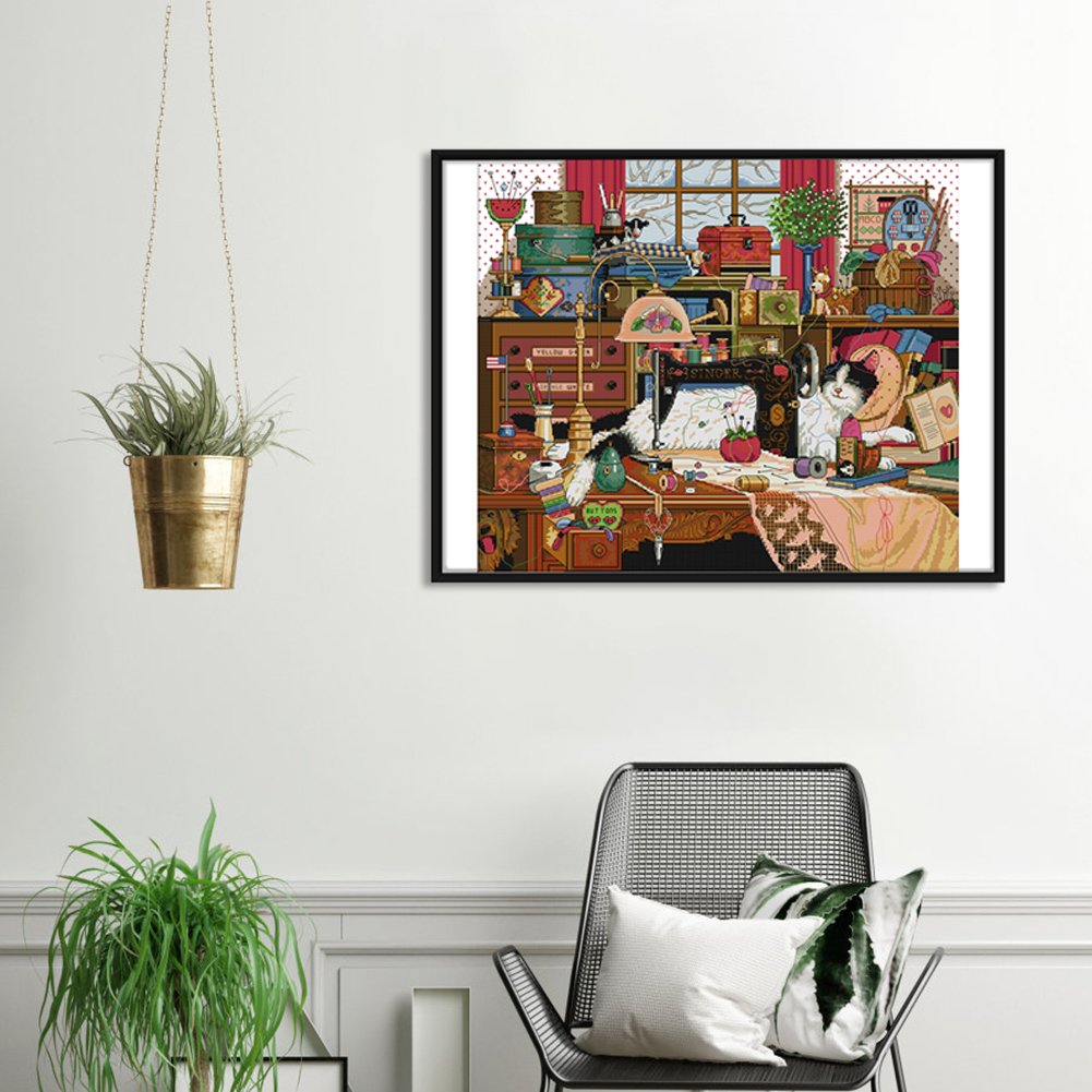 11ct Stamped Cross Stitch - Kitten By Sewing Machine(69*60cm)