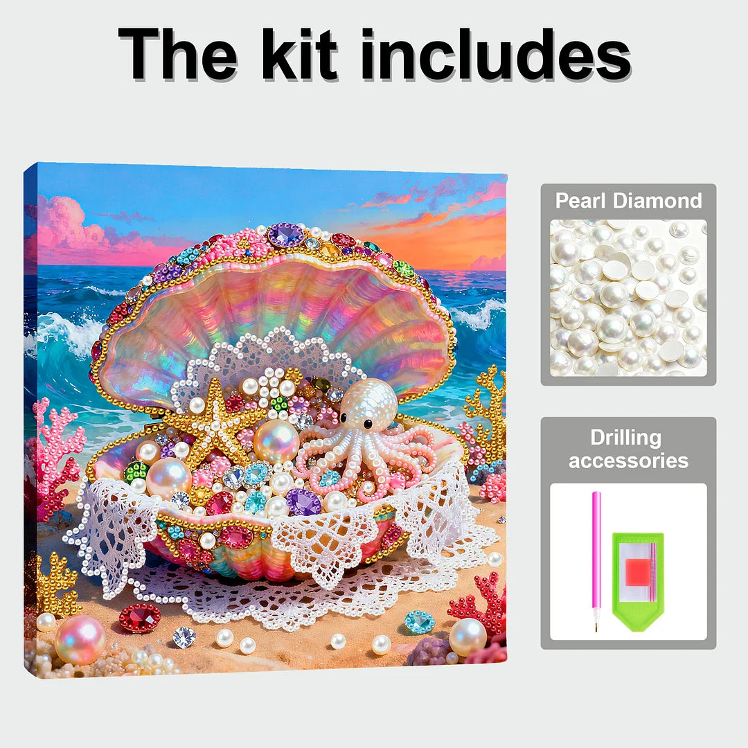 DIY Pearl Painting With Frame - Handmade Self-Adhesive Pearls - Shell (25*25cm) A