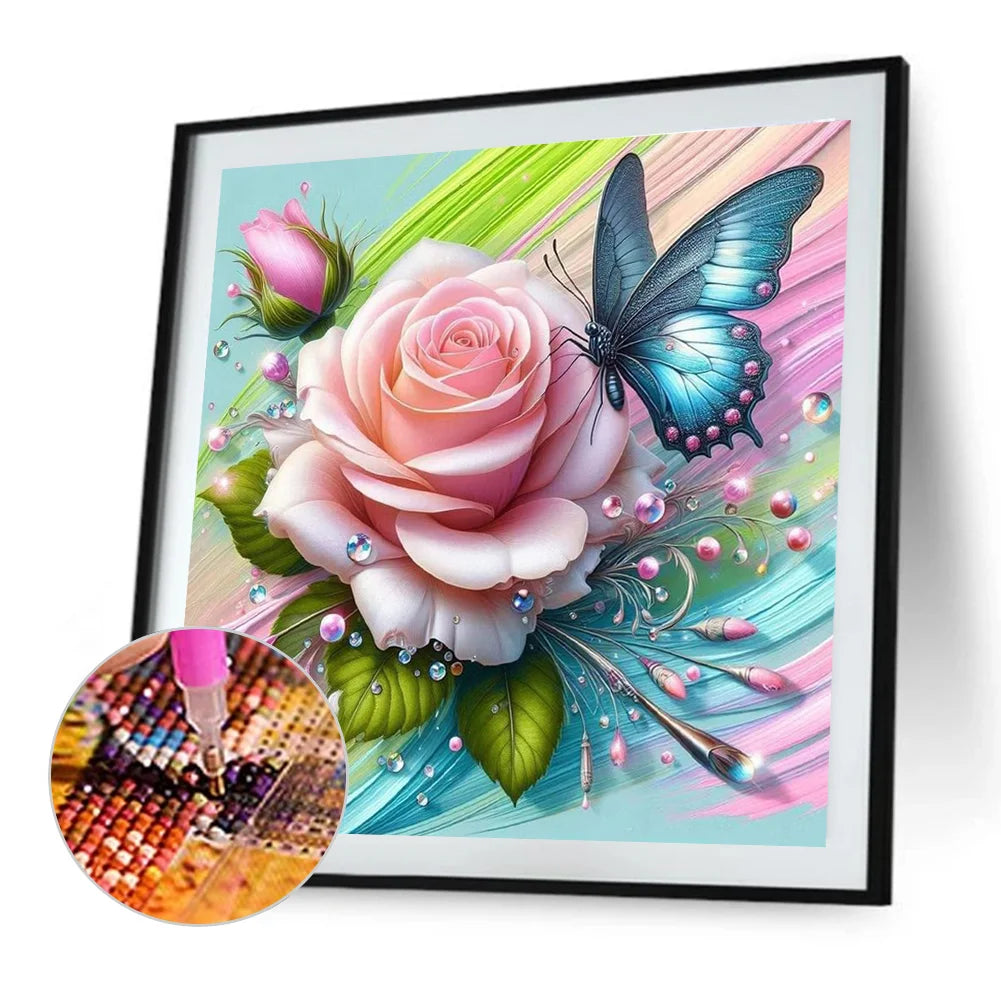 Diamond Painting - Full Round / Square - Pink Rose And Butterfly