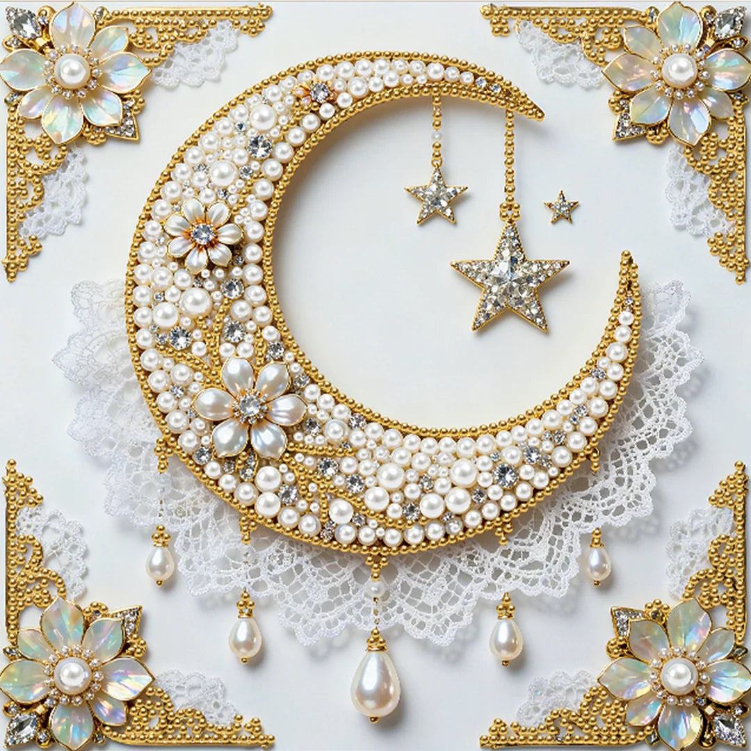 DIY Pearl Painting With Frame - Handmade Self-Adhesive Pearls - Stars and Moon (25*25cm)