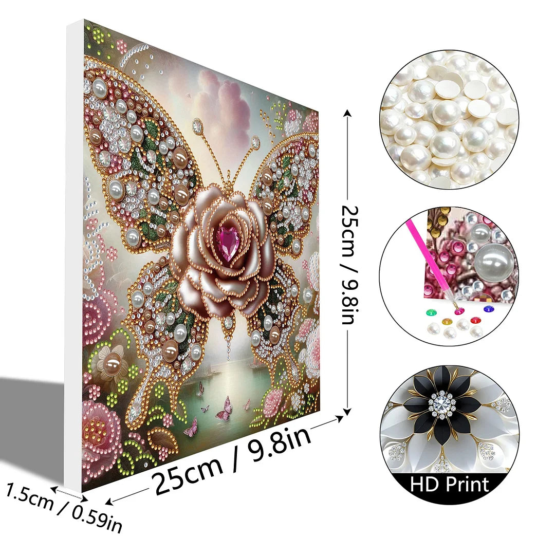 DIY Pearl Painting With Frame - Handmade Self-Adhesive Pearls - Flower Butterfly (25*25cm)