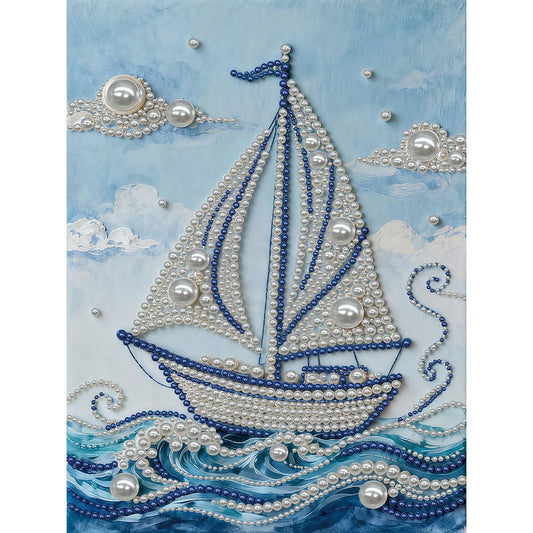 DIY Pearl Painting With Frame - Handmade Self-Adhesive Pearls - Sailboat (30*40cm) C