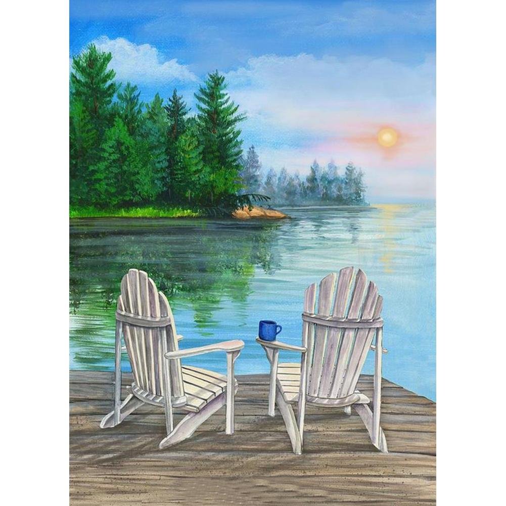5D Diy Diamond Painting Kit Full Round Beads Lakeside Chair