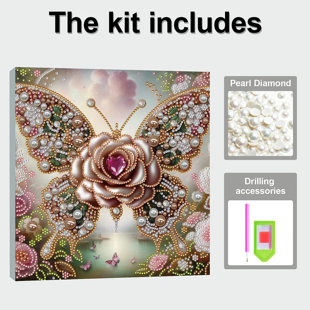 DIY Pearl Painting With Frame - Handmade Self-Adhesive Pearls - Flower Butterfly (25*25cm)