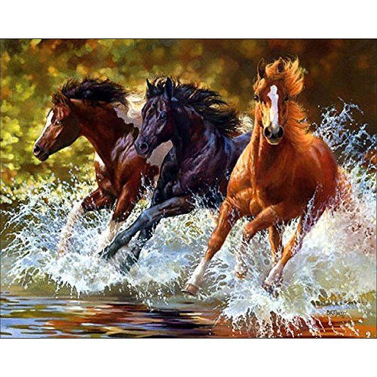 5D Diy Diamond Painting Kit Full Round Beads 3 Running Horses