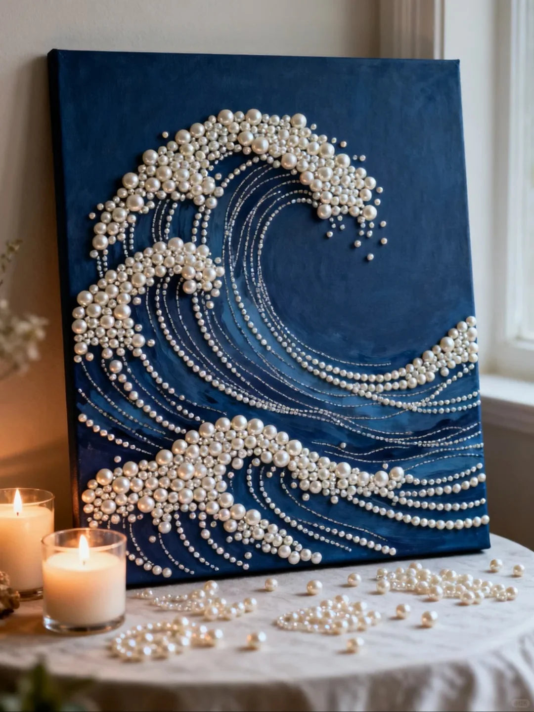 DIY Pearl Painting With Frame - Handmade Self-Adhesive Pearls - Waves (30*40cm) B