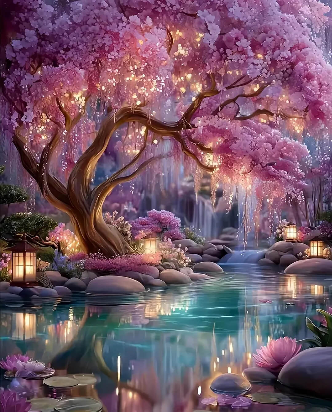 DIY Diamond Painting Kit - Full Round / Square - Cherry Blossom Tree By Stream