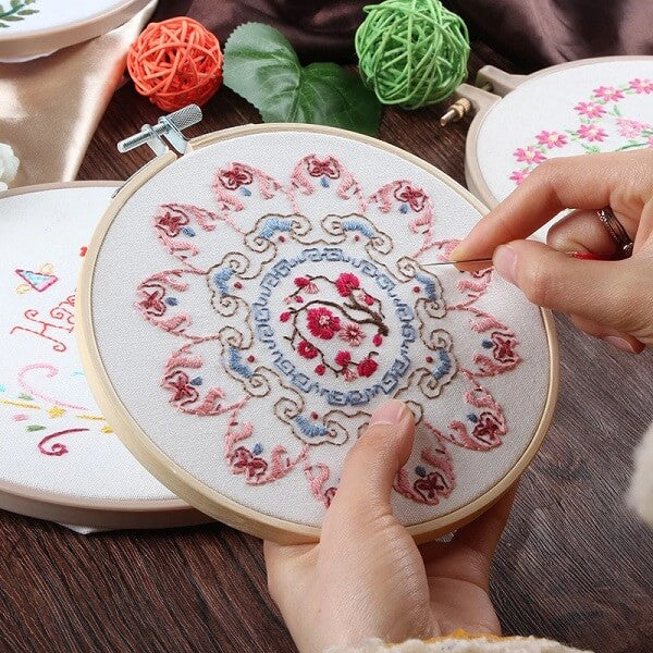 Person working on an embroidery project with floral patterns