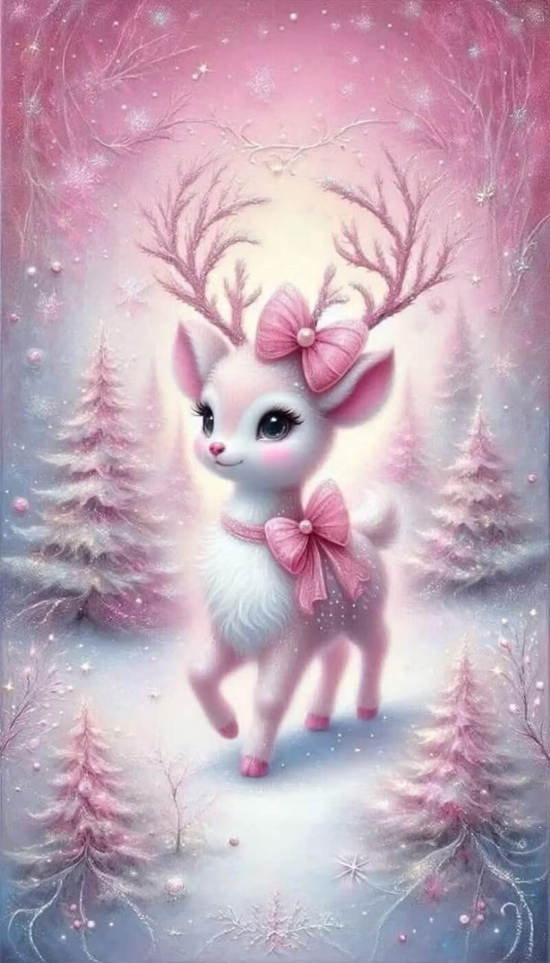 A whimsical winter scene featuring a small white deer with pink bows on its antlers and neck, standing in a snowy landscape with pink-toned evergreen trees under a soft pink sky.