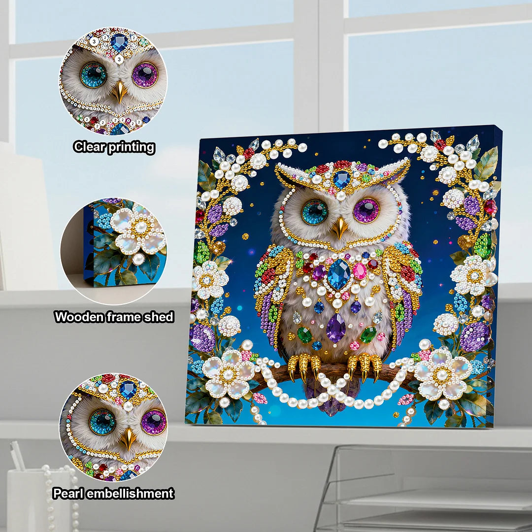DIY Pearl Painting With Frame - Handmade Self-Adhesive Pearls - Owl (25*25cm) A