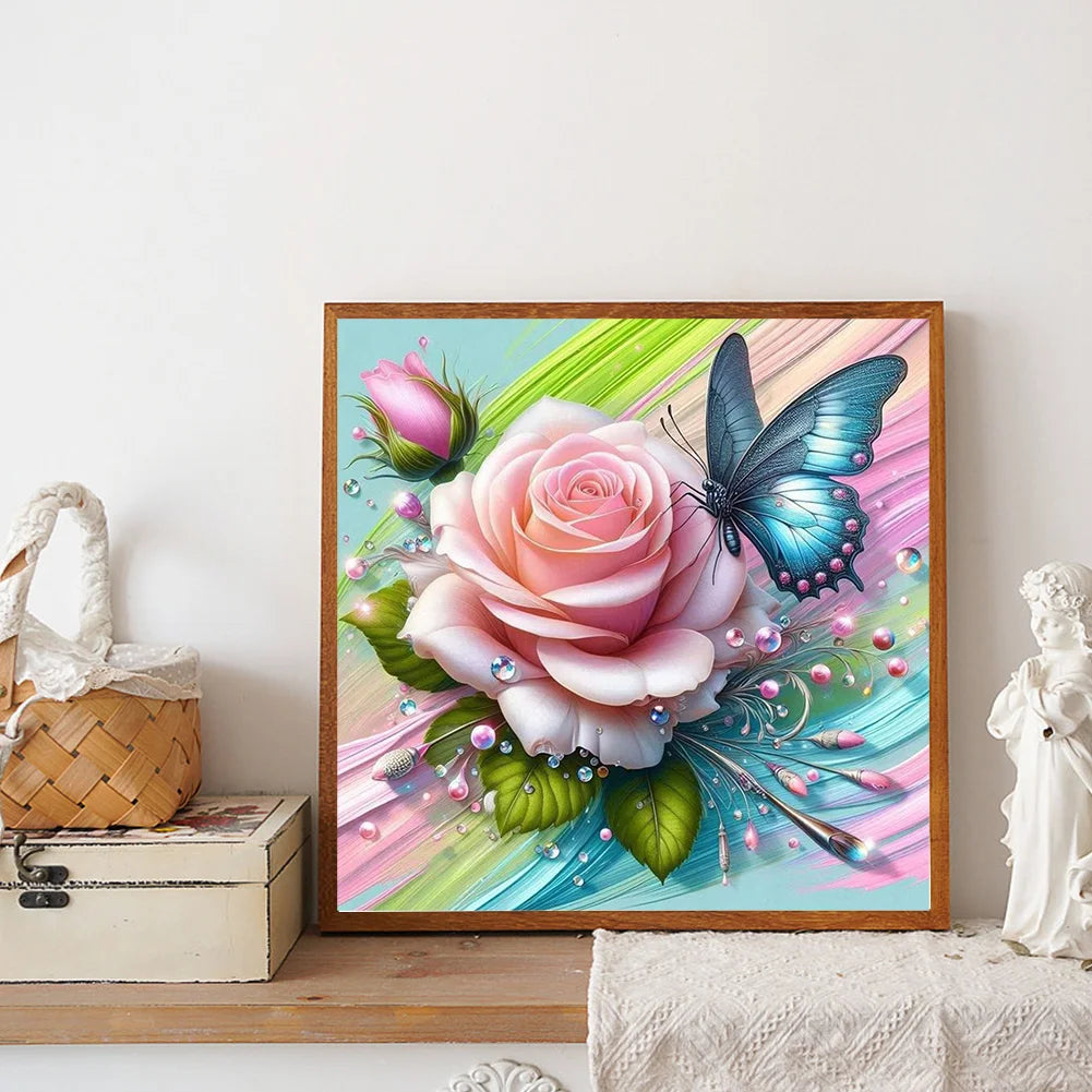 Diamond Painting - Full Round / Square - Pink Rose And Butterfly