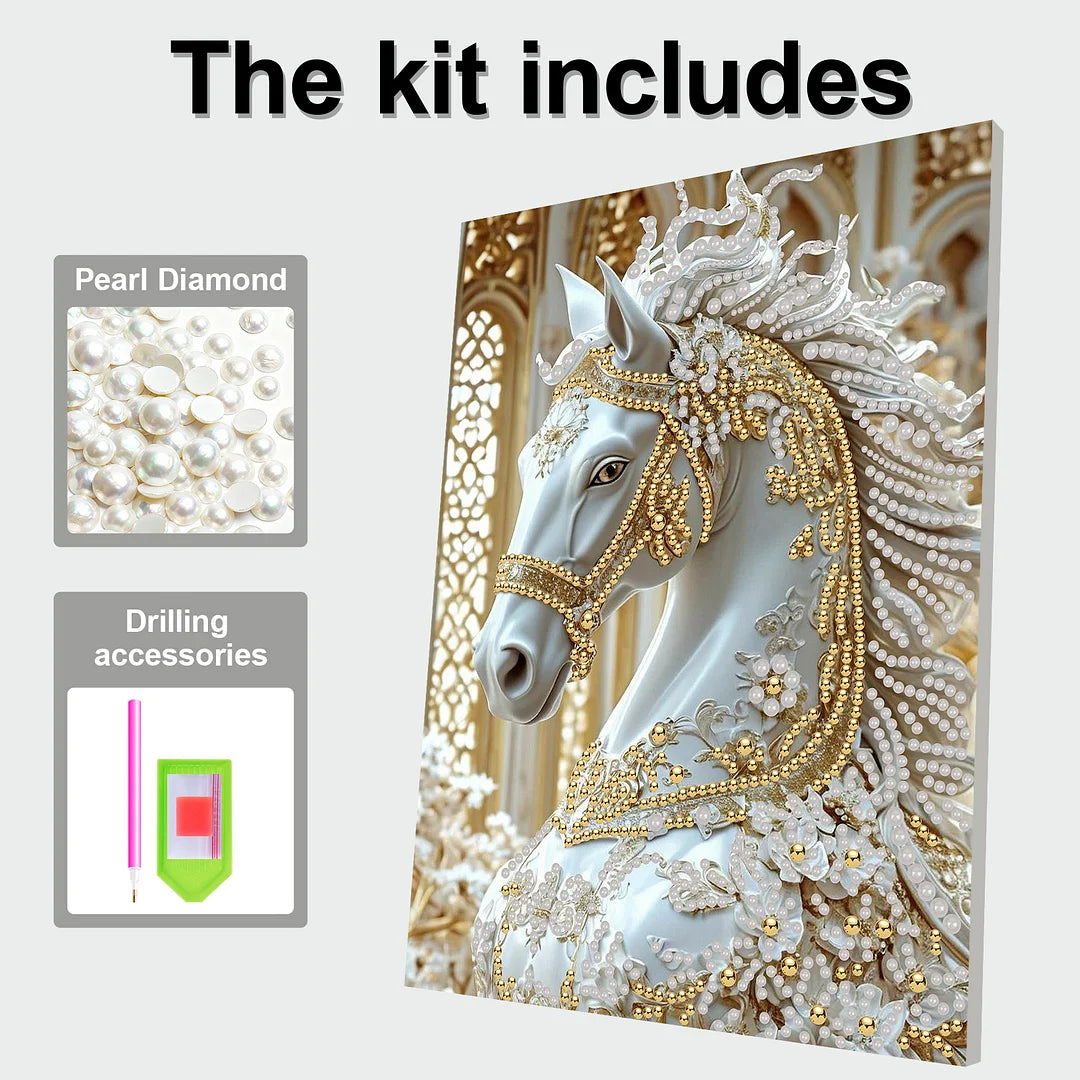 DIY Pearl Painting With Frame - Handmade Self-Adhesive Pearls - Horse (30*40cm) D