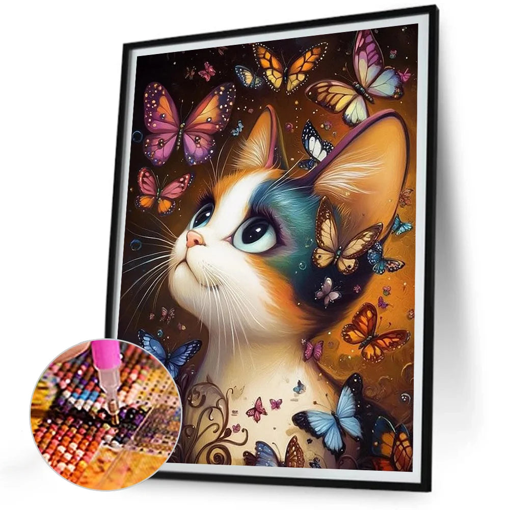 Diamond Painting - Full Round / Square - Butterfies and Cat