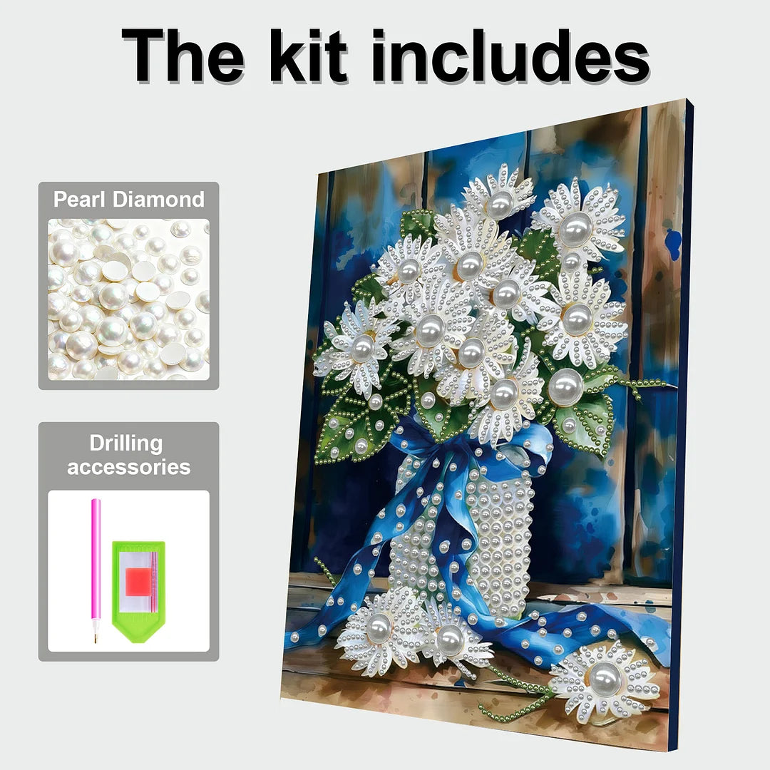 DIY Pearl Painting With Frame - Handmade Self-Adhesive Pearls - Blue Vase (30*40cm)