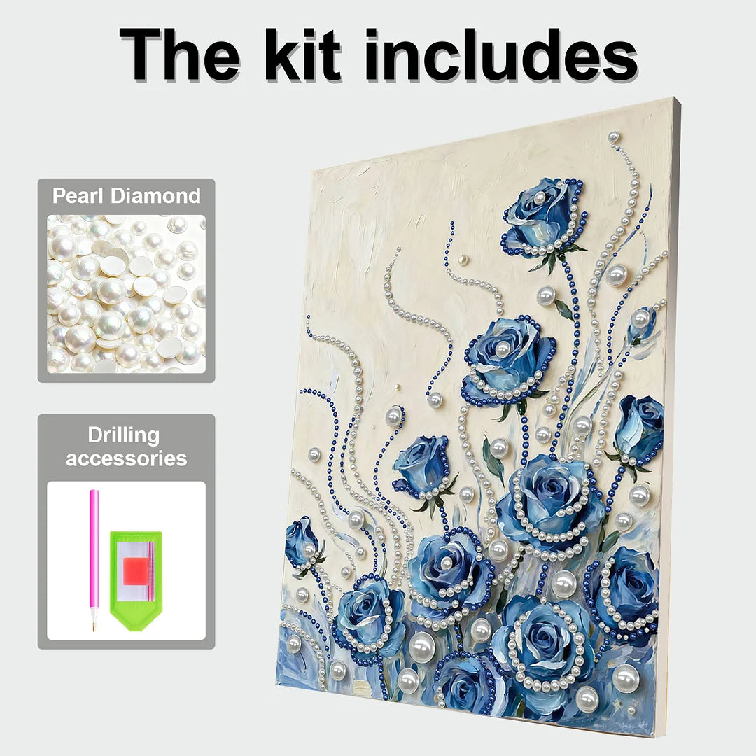 DIY Pearl Painting With Frame - Handmade Self-Adhesive Pearls - Blue Flowers (30*40cm)