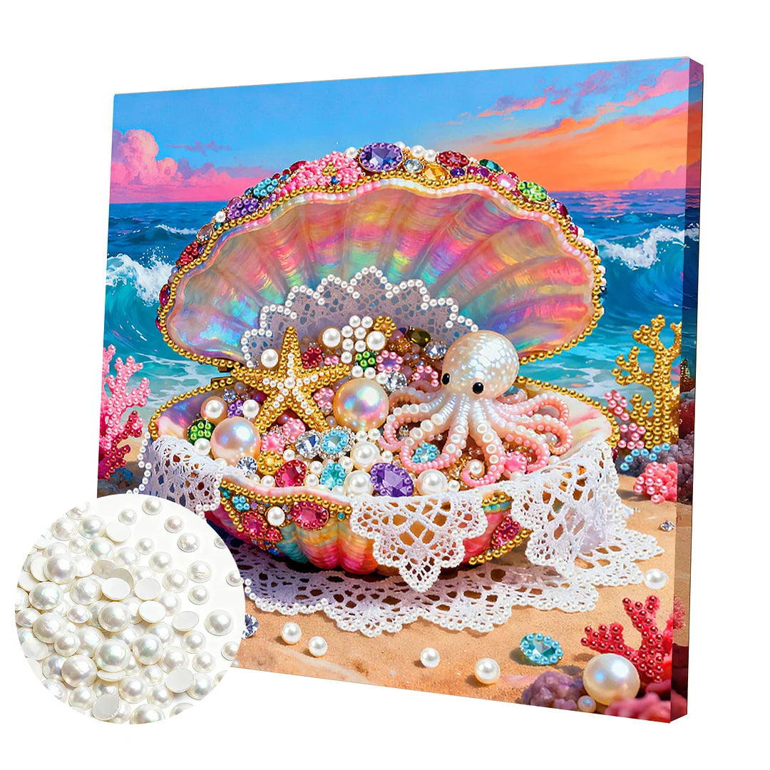 DIY Pearl Painting With Frame - Handmade Self-Adhesive Pearls - Shell (25*25cm) A