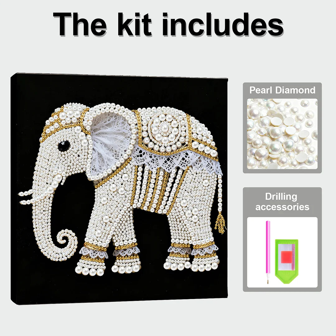 DIY Pearl Painting With Frame - Handmade Self-Adhesive Pearls - Elephant (25*25cm) B