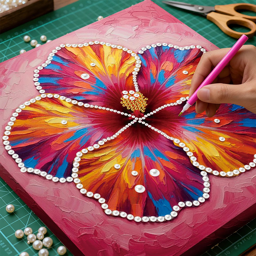 DIY Pearl Painting With Frame - Handmade Self-Adhesive Pearls - Blooming Flowers (25*25cm)