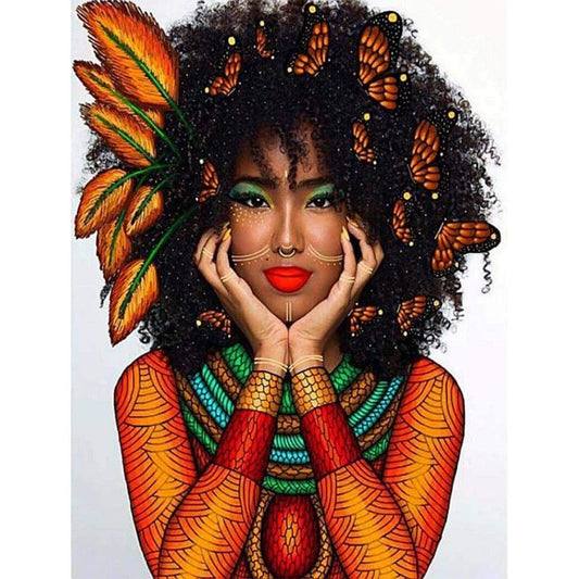 5D DIY Full Round Diamond Painting Kits African Woman Butterfly Hair Dresser