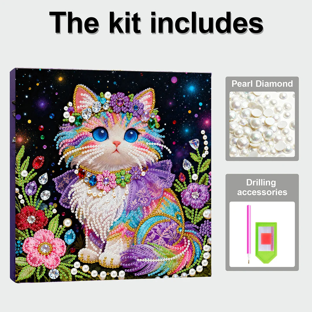 DIY Pearl Painting With Frame - Handmade Self-Adhesive Pearls - Cat (25*25cm) C