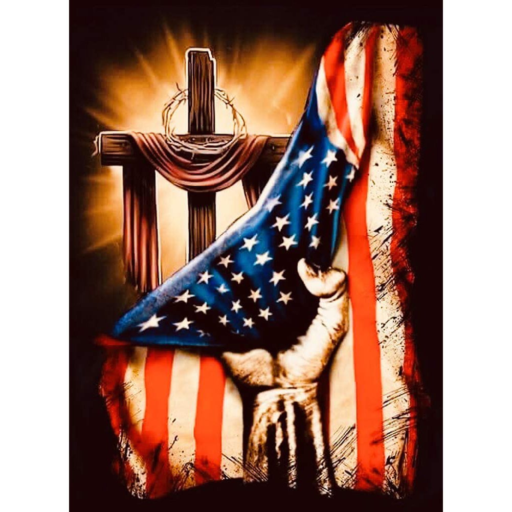 5D DIY Diamond Painting Kit Full Round Drill Cross & Us Flag