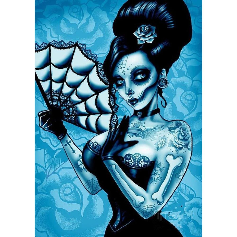 5D Diy Diamond Painting Kit Full Round Beads Skull Women with Fan